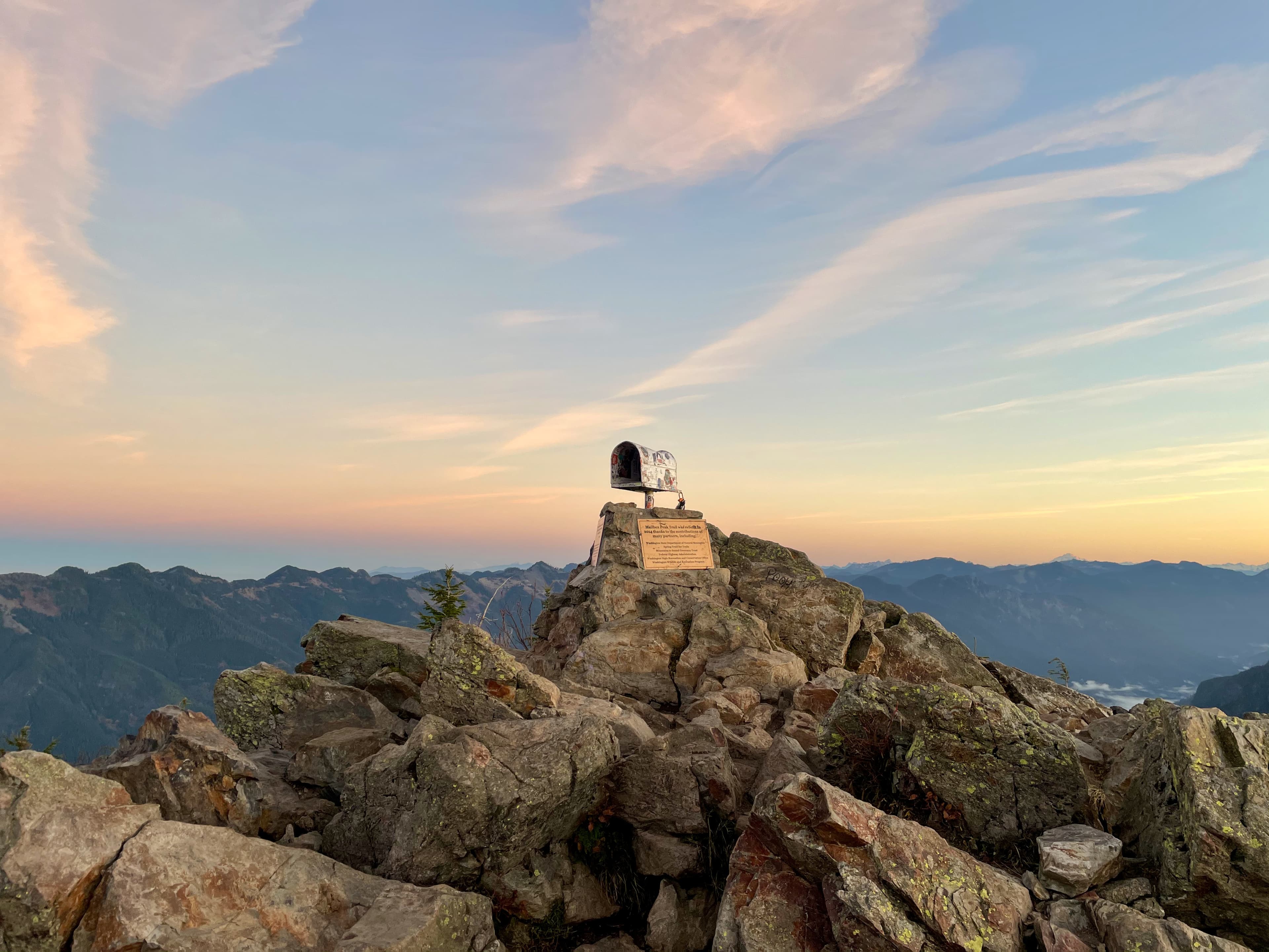 Mountain summit with mailbox at sunset in the Pacific Northwest